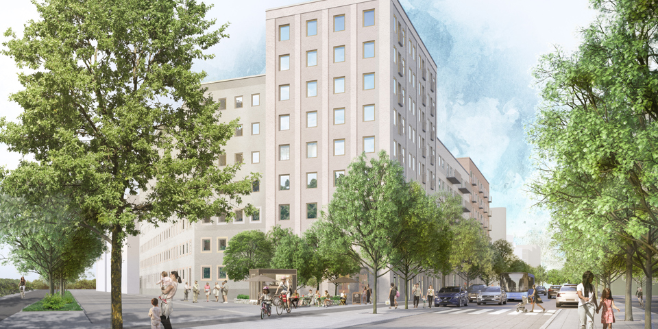Nya bostäder sett från huvudgatan. Bild. Semrén Månsson arkitekter